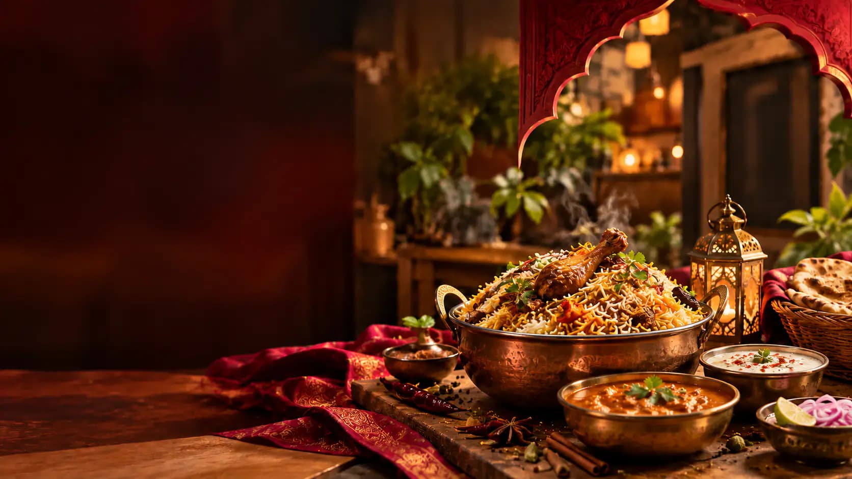 Hähnchen-Biryani im Kupfertopf mit Curry, Raita und einer leuchtenden Laterne